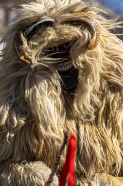 Hungary Mohacs Feb 23, 2020: Participants at the Buso walking festival-ending the day before Ash Wednesday. People wearing traditional masks include folk music, masquerading, parades and dancing.