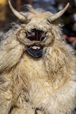 Hungary Mohacs Feb 23, 2020: Participants at the Buso walking festival-ending the day before Ash Wednesday. People wearing traditional masks include folk music, masquerading, parades and dancing.