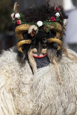 Hungary Mohacs Feb 23, 2020: Participants at the Buso walking festival-ending the day before Ash Wednesday. People wearing traditional masks include folk music, masquerading, parades and dancing.