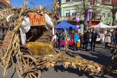 Hungary Mohacs Feb 23, 2020: Participants at the Buso walking festival-ending the day before Ash Wednesday. People wearing traditional masks include folk music, masquerading, parades and dancing.