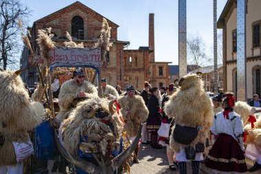 Hungary Mohacs Feb 23, 2020: Participants at the Buso walking festival-ending the day before Ash Wednesday. People wearing traditional masks include folk music, masquerading, parades and dancing.