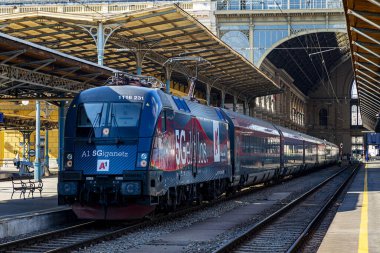 Budapeşte / Macaristan - 14 Şubat 2020: Keleti Tren İstasyonu Avrupa 'nın en eskilerindendir. Lokomotifler, koçlar ve yolcular. Macaristan ve Avrupa 'nın geri kalanını birbirine bağlamak. 