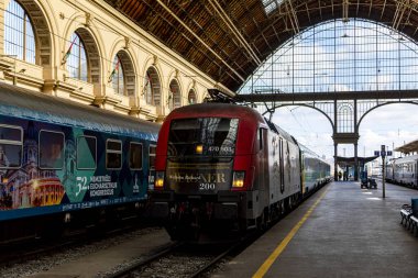 Budapeşte / Macaristan - 14 Şubat 2020: Keleti Tren İstasyonu Avrupa 'nın en eskilerindendir. Lokomotifler, koçlar ve yolcular. Macaristan ve Avrupa 'nın geri kalanını birbirine bağlamak. 