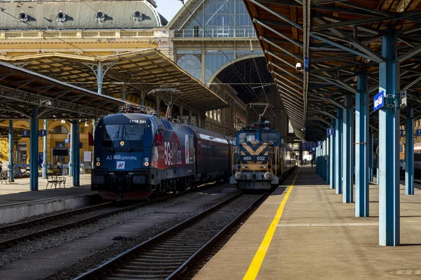 ブダペスト ハンガリー 2020年2月14日 ケレティ鉄道駅はヨーロッパで最も古い駅の1つです 機関車やコーチや乗客 ハンガリーとヨーロッパの他の地域を結ぶ — ストック写真