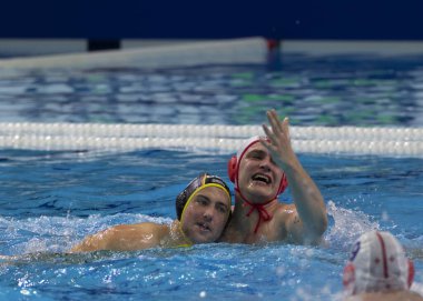 Budapeşte Macaristan 24 Ocak 2020: 34. Erkekler Avrupa sutopu şampiyonası. Milli takımlar turnuvası. Gürcistan-Almanya 10. ve 9. sırada yer alıyor. Almanya 8-9 öne geçti..