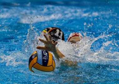 Budapeşte Macaristan 24 Ocak 2020: 34. Erkekler Avrupa sutopu şampiyonası. Milli takımlar turnuvası. Gürcistan-Almanya 10. ve 9. sırada yer alıyor. Almanya 8-9 öne geçti..