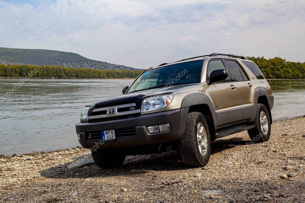 Hungary Danube river 13, 2020: Toyota 4Runner SUV  touring along the Danube river