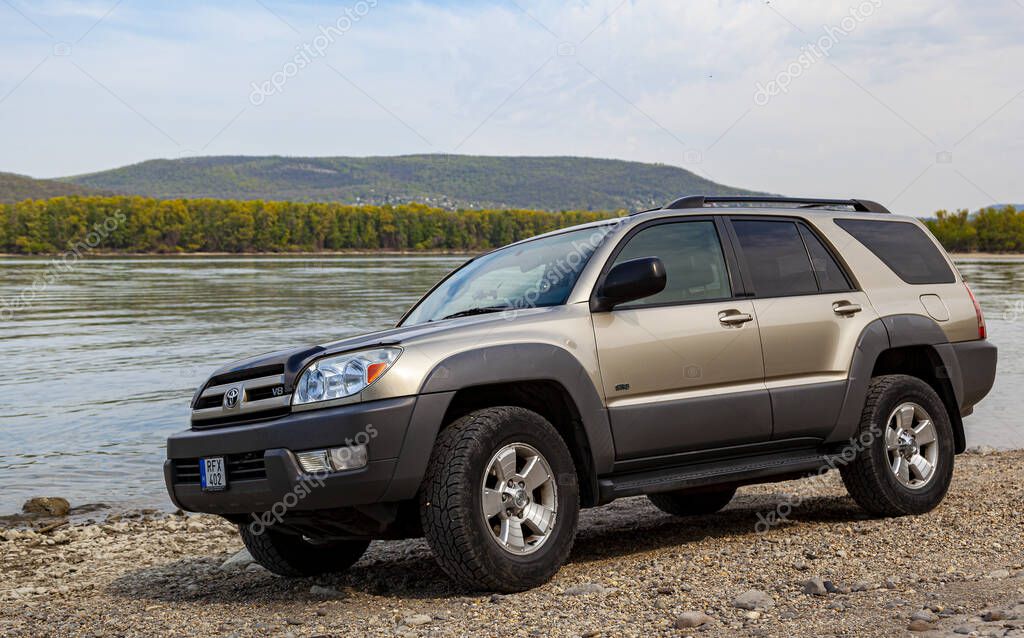 Hungary Danube river 13, 2020: Toyota 4Runner SUV  touring along the Danube river