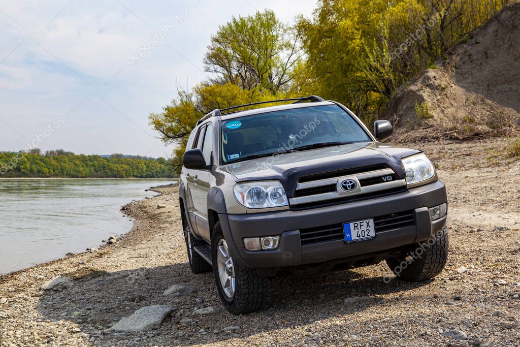 Hungary Danube river 13, 2020: Toyota 4Runner SUV  touring along the Danube river
