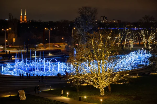 Winter Illumination Multimedia Fountain Park Night City Warsaw Poland — Stock Photo, Image