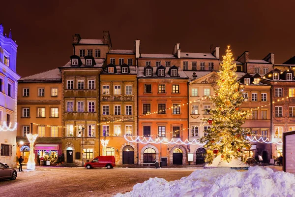 Vinternatt Gamla Stan Warszawa Stad Polen Julgran Semester Belysning Och — Stockfoto