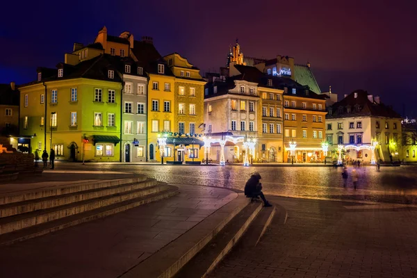 Nyugodt Éjszaka Varsó Városában Lengyelország Fővárosában Színes Bérházak Óváros Téren — Stock Fotó