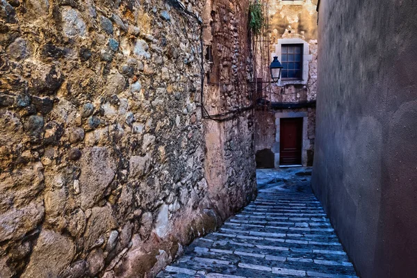 旧市街の中世の石壁に沿って階段を持つ路地 ユダヤ人街 スペインのカタルーニャのジローナの街でエル コール — ストック写真