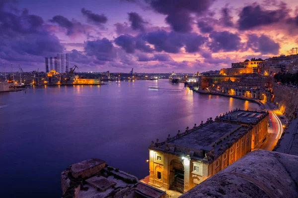 Malta Akşam Grand Harbour Valletta Tarafından Manzara — Stok fotoğraf