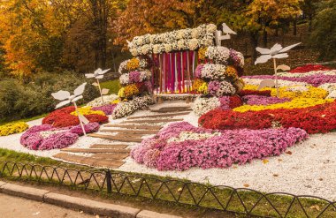 Ukrayna, Kiev - 20 Ekim 2017: Spivoche Pole, Kiev, Ukrayna 25 000 kasımpatı çiçekleri 
