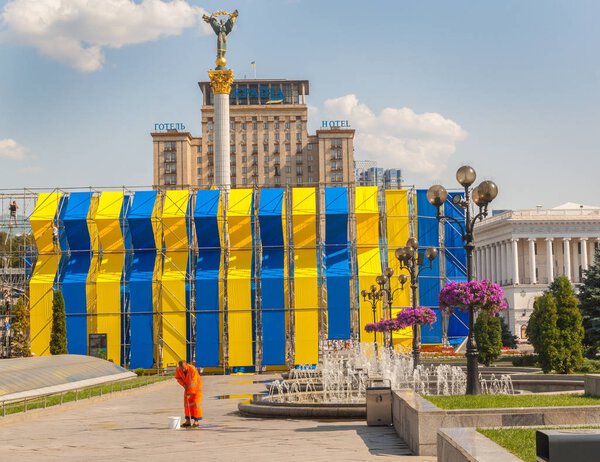 KYIV, UKRAINE - 19 AUG 2017: Festive decoration of the square for the 26th Independence Day, Kyiv, Ukraine