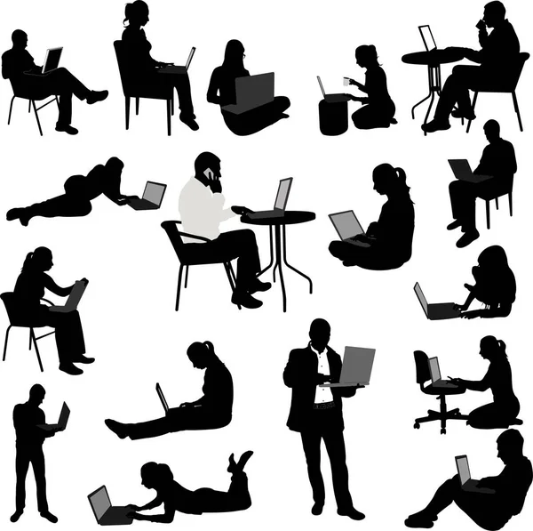 People working on their laptops silhouettes - vector Vector Graphics