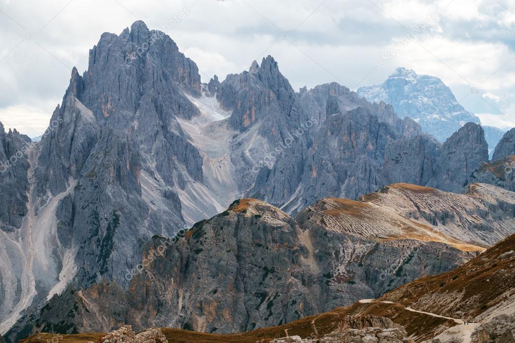 Tall towers of Cadini di Misurina in Dolomite Alps