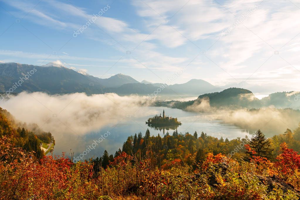 Sunrise at lake Bled from Ojstrica viewpoint