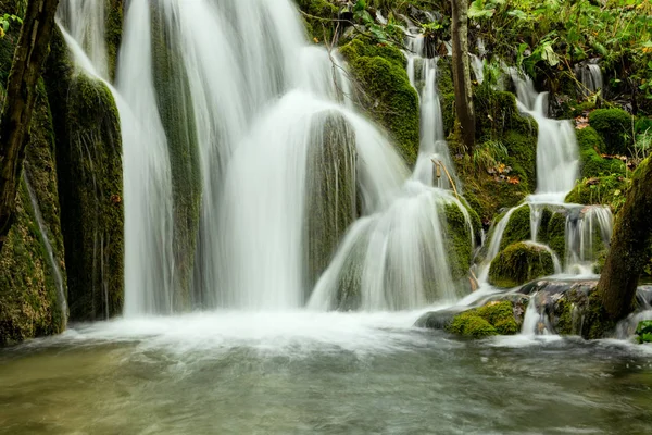 Cascata in una foresta profonda nel parco nazionale di Plitvice — Foto Stock