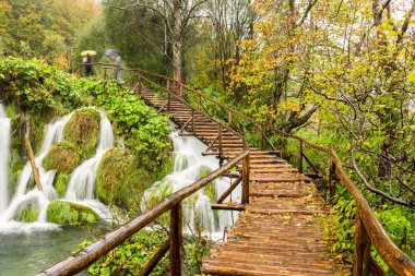 plitvice gölleri Milli Parkı içinde ahşap turist yolu