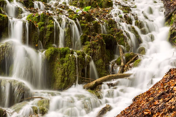 Waterval in diepe bossen in Plitvice nationaal park — Stockfoto