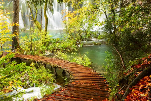 Houten toeristisch pad in nationaal park plitvice lakes — Stockfoto