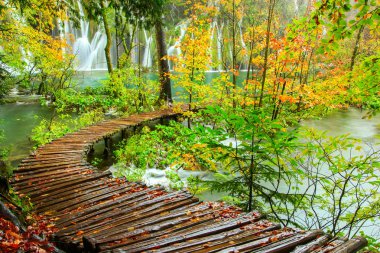 plitvice gölleri Milli Parkı içinde ahşap turist yolu