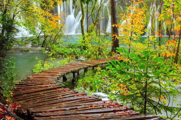 Houten toeristisch pad in nationaal park plitvice lakes — Stockfoto