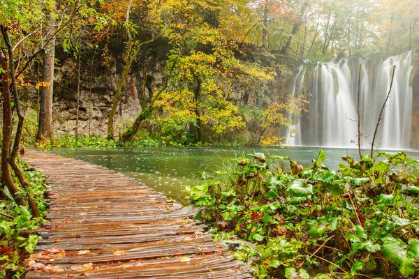 Percorso turistico in legno nel parco nazionale dei laghi di Plitvice — Foto Stock