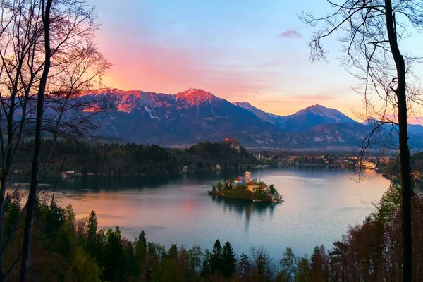 Bled con lago, isla y montañas en el fondo —  Fotos de Stock