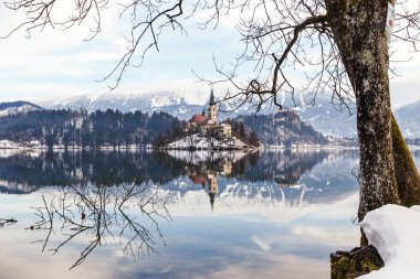 Kış manzara Lake Bled, Slovenya