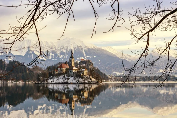 Paisaje invernal Bled Lake, Eslovenia — Foto de Stock