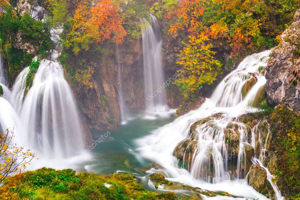 Beautiful waterfall autumn in  Plitvice National Park, Croatia