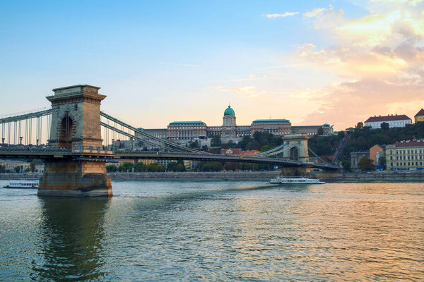 Beautiful view. Chain Bridge (Lanchid) and Royal palace in Budapest, Hungary