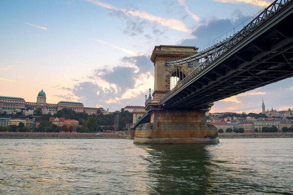 Beautiful view. Chain Bridge (Lanchid) and Royal palace in Budapest, Hungary