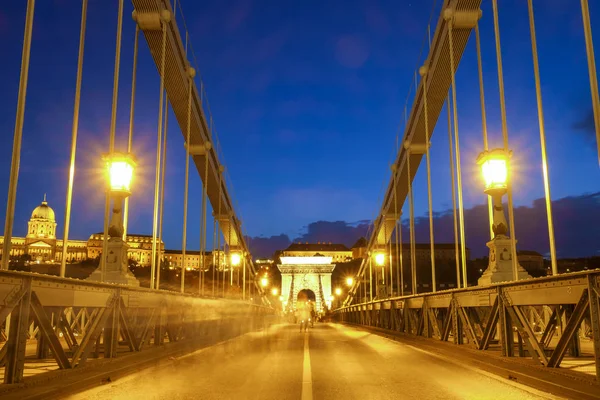 Ponte Chain Lanchid Palácio Real Noite Budapeste Hungria — Fotografia de Stock