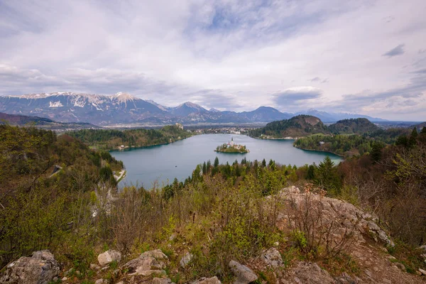 Panoramautsikt över sjön bled, Slovenien — Stockfoto