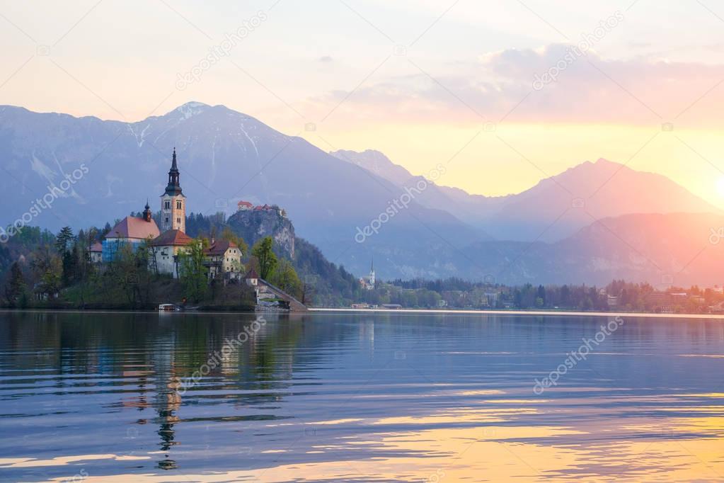 Amazing sunrise at the lake Bled
