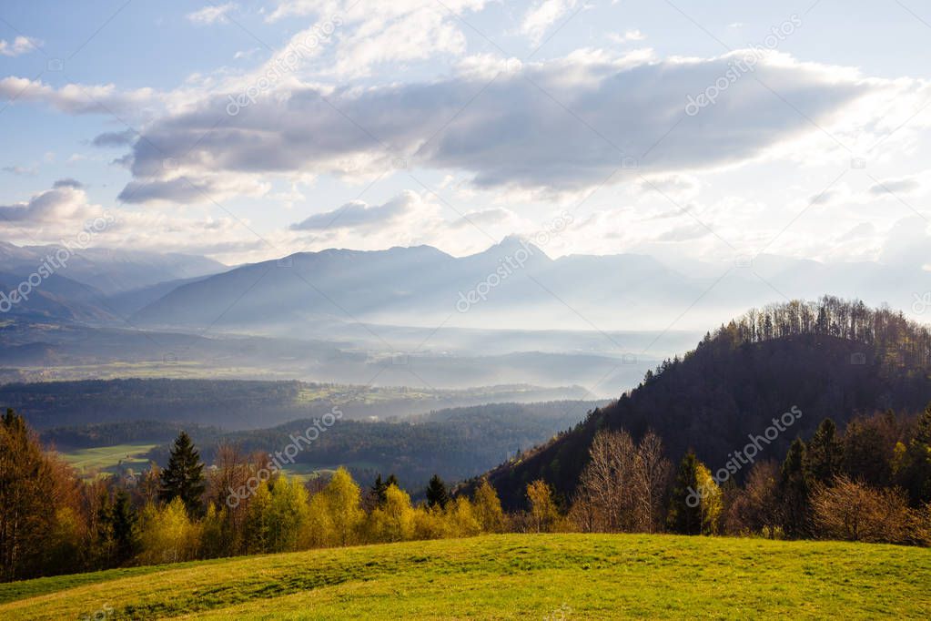  Karawanken mountains and spring landscape in Jualian Alps, Slovenia