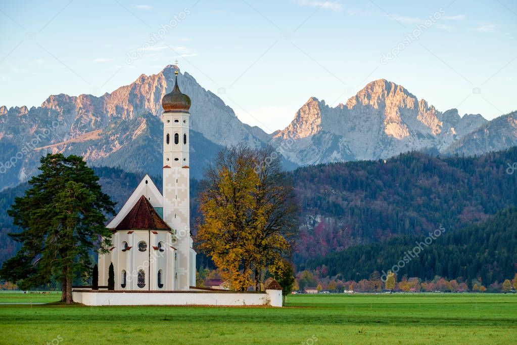 Beautiful view St. Coloman church in Oberbayern, Bavaria, Germany