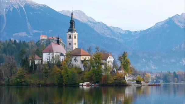 Tradycyjnej Łodzi Nadmiar Jezioro Bled Sanktuarium Wniebowzięcia Marii Alpy Julijskie — Wideo stockowe