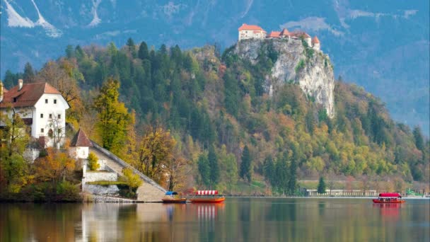 Tradiční Pletna Loď Jezeře Bled Poutním Kostelem Nanebevzetí Marie Julské — Stock video