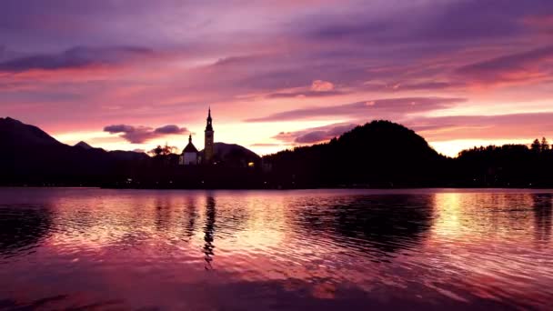 Удивительный Восход Солнца Озере Блед Осенью Словенья Европа — стоковое видео
