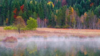 Sisli gündoğumu ile sonbahar sırasında Geroldsee görünümünde Bavyera Alpleri, Bavyera, Almanya.