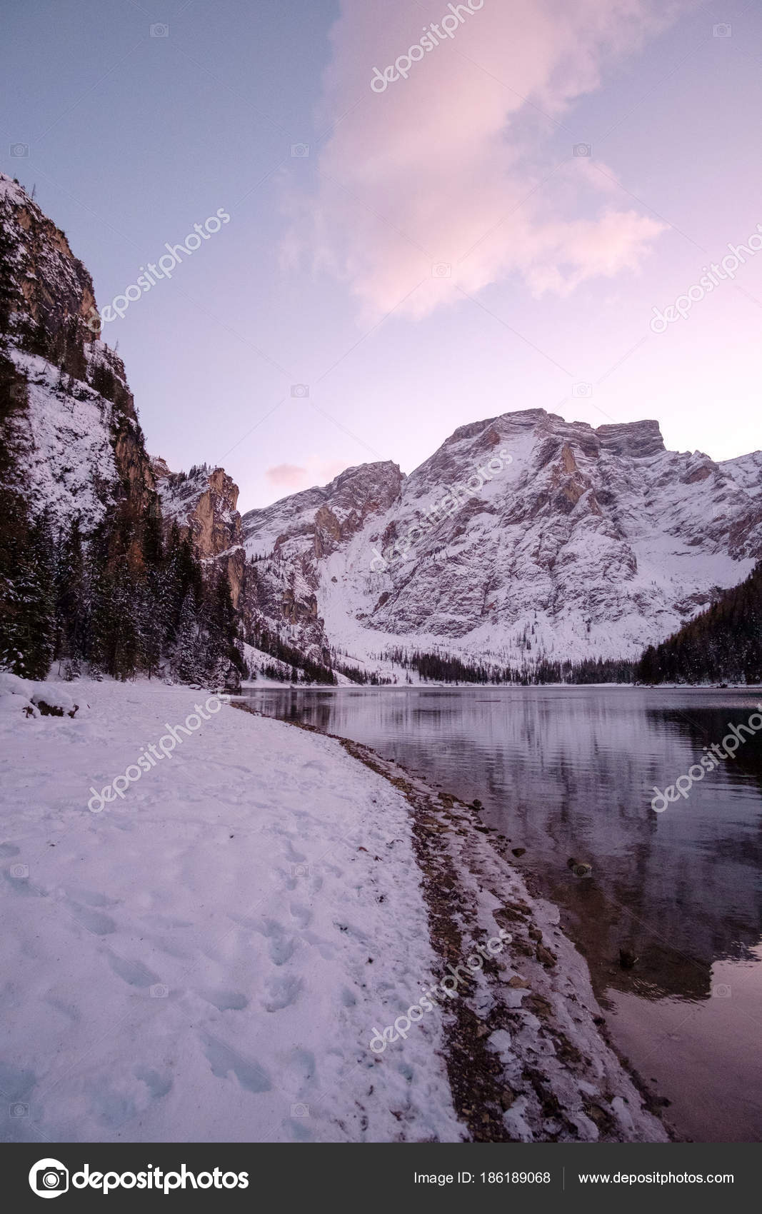 Winter Landscape At Lake Of Braies Stock Photo C Kavita 186189068