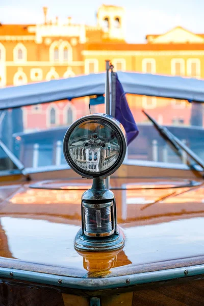 Wooden Retro Boat Taxi Parked Canal Venice — Stock Photo, Image