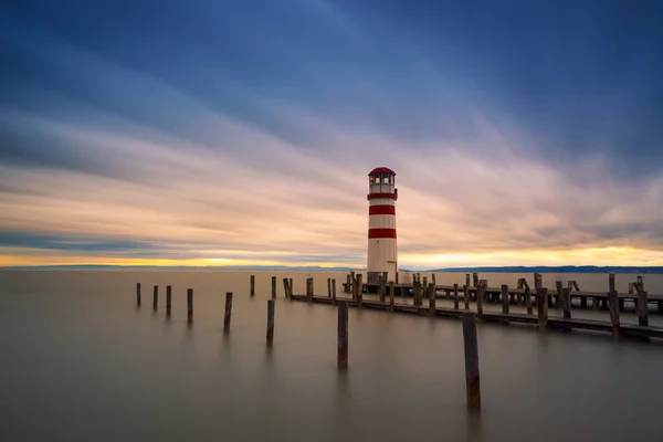 Lighthouse Nad Jeziorem Podersdorf See Zachodzie Słońca Burgenland Austria — Zdjęcie stockowe