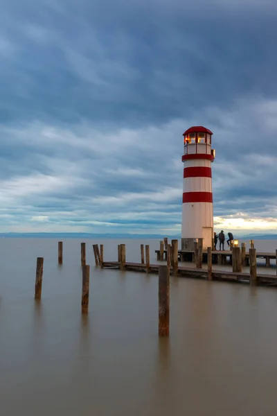 Lighthouse Nad Jeziorem Podersdorf See Zachodzie Słońca Burgenland Austria — Zdjęcie stockowe