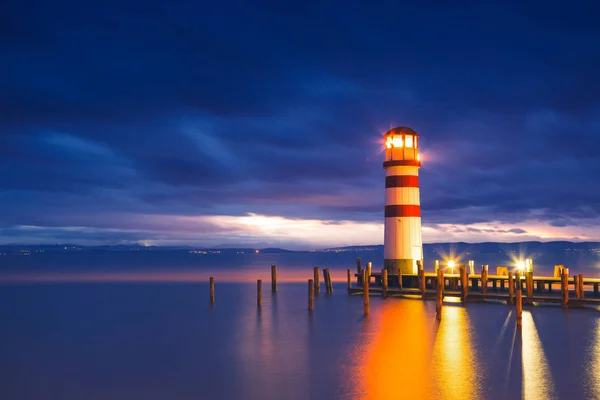 Lighthouse Nad Jeziorem Podersdorf See Zachodzie Słońca Burgenland Austria — Zdjęcie stockowe